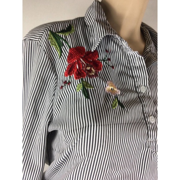 Womens Kontrol Striped Flower Embroidered Shirt Blouse Tunic Top Size Medium - Picture 7 of 9